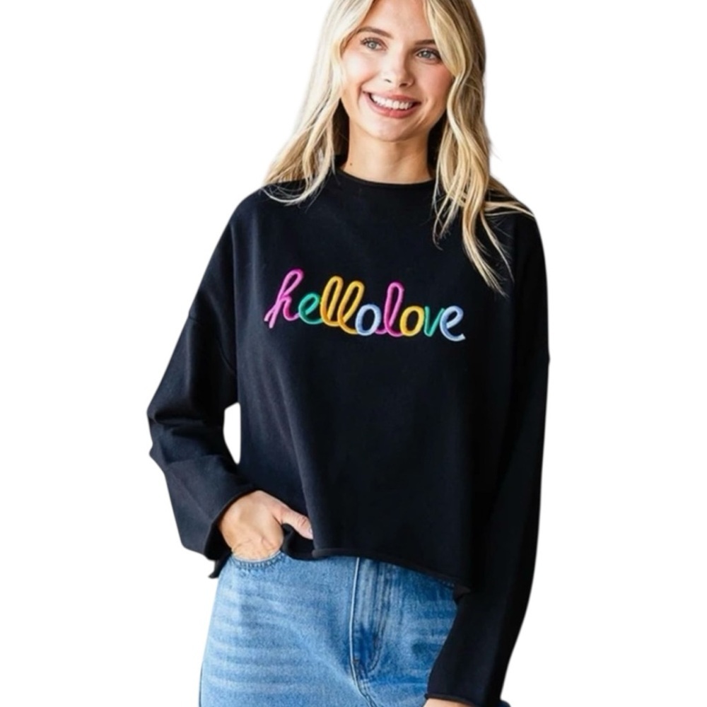 FIRST LOVE Black Sweater with an Embroidered “Hello Love” in Rainbow Trim